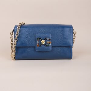 Dolce & Gabbana Blue Lizard Embossed Millennials Crystal Logo Crossbody Bag