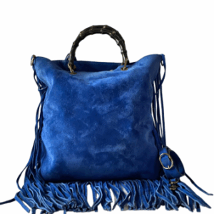 Gucci Blue Suede Bamboo Fringe Tote Bag