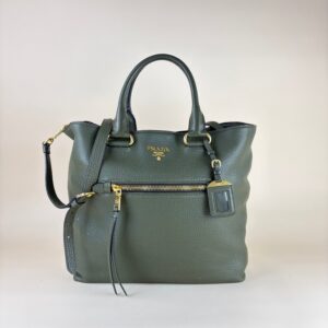 Prada Dark Green Vitello Daino Shopping Tote Bag
