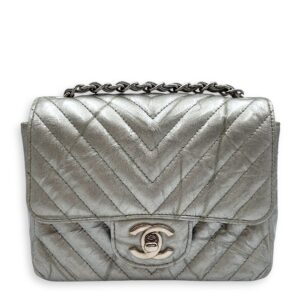 Chevron Mini Square Mini Silver Crossbody Bag in Patent Leather, Silver hardware