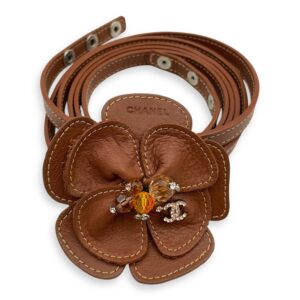 Camellia Double Tour Brown Belt in Calf, Crystals, Beads, Silver hardware
