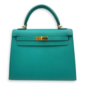 Sellier Kelly 25 Blue Paon in Epsom, Gold hardware