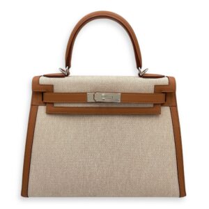 Sellier Kelly 28 Gold/Beige-Ecru in Swift/Toile, Palladium hardware
