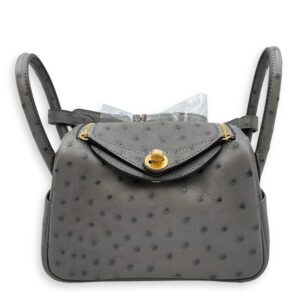 Lindy II Mini Gris Meyer in Ostrich, Gold hardware
