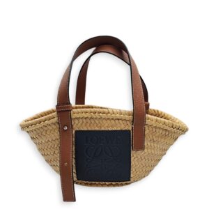 Basket Brown Top Handle Bag in Rattan, Silver hardware