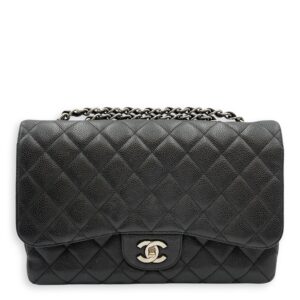 Quilted CC Jumbo Black Flap Bag in Caviar Leather, Silver hardware