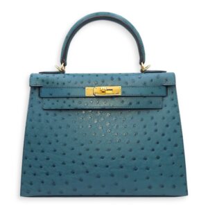 Sellier Kelly 28 Blue Cobalt in Ostrich, Gold hardware