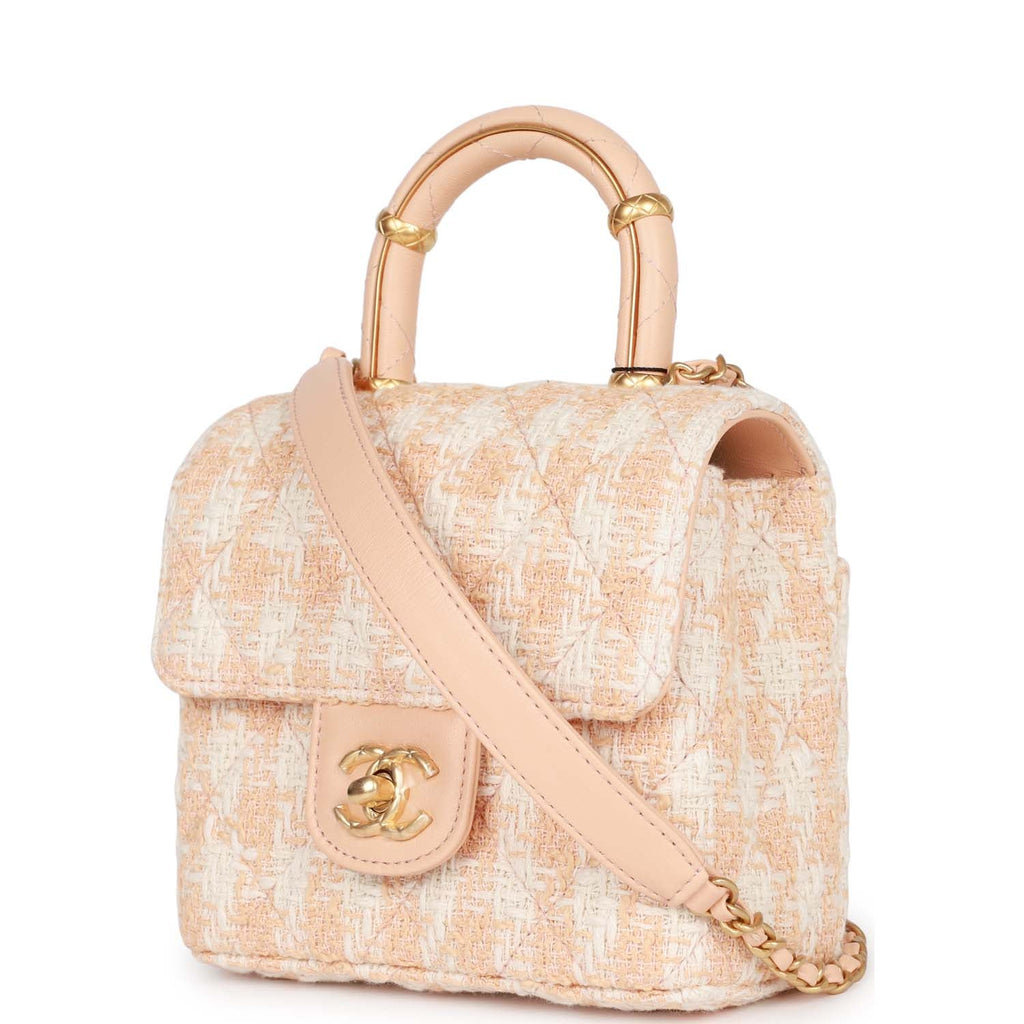 Chanel Mini Square Flap with Top Handle Light Orange and Ecru Tweed Antique Gold Hardware - Image 6