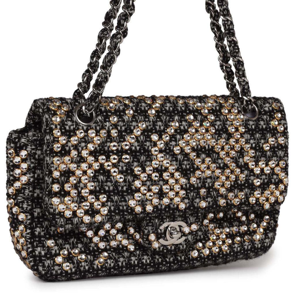 Pre-owned Chanel Medium Single Flap Black and White Tweed With Crystals Silver Hardware - Image 3