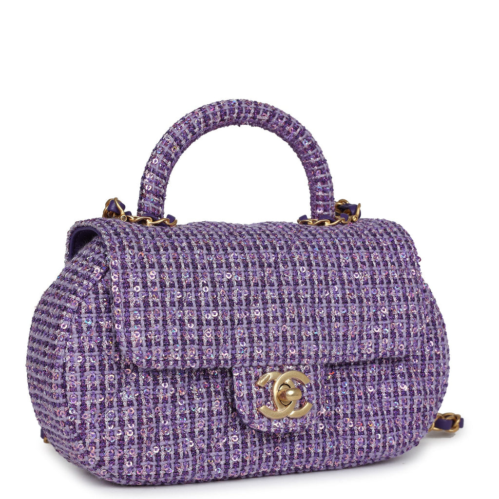 Chanel Mini Sequin Flap Bag with Top Handle Purple Tweed Antique Gold Hardware - Image 3