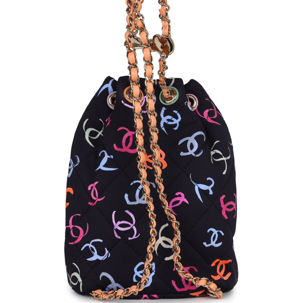 Chanel Medium CC Drawstring Backpack Multicolored Printed Fabric Light Gold Hardware - Image 5