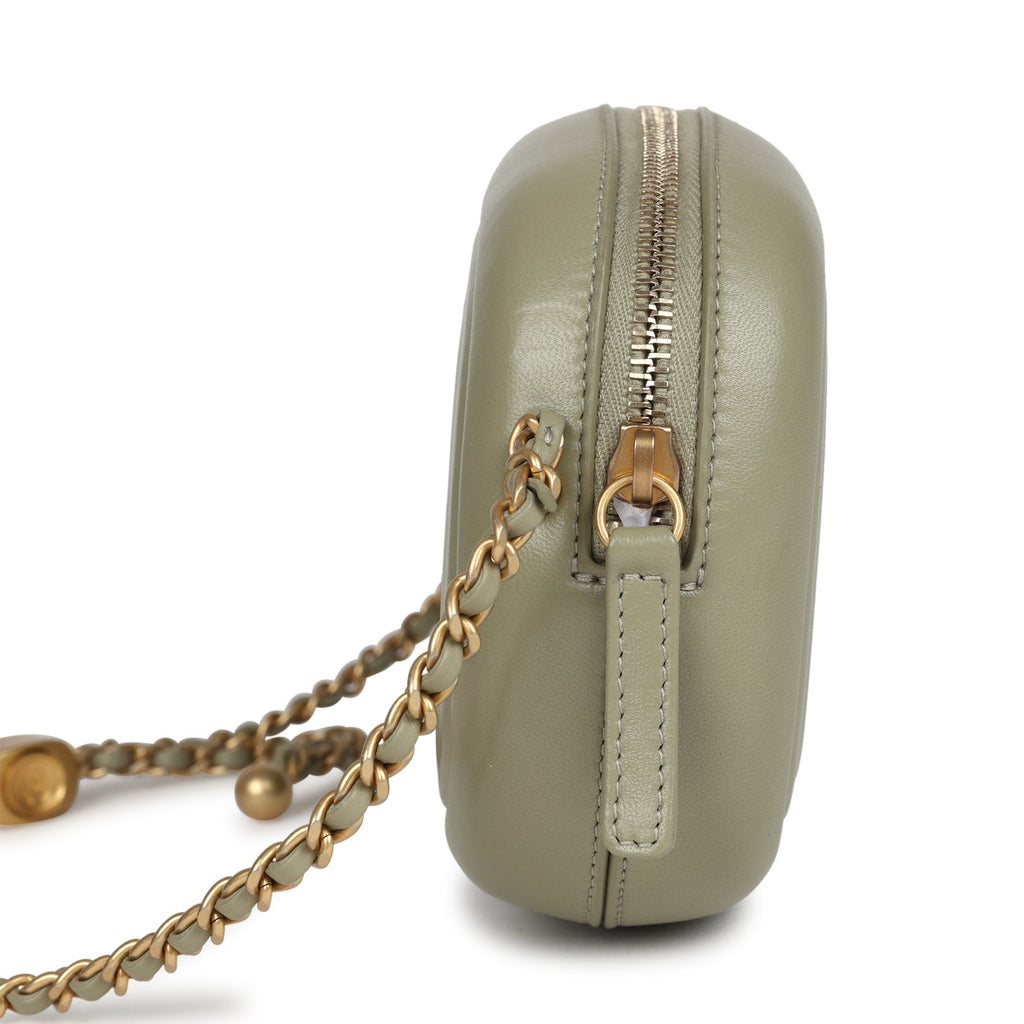 Chanel Mini "Savon De Marseille" Camera Case Bag Khaki Shiny Lambskin Brushed Gold Hardware - Image 4