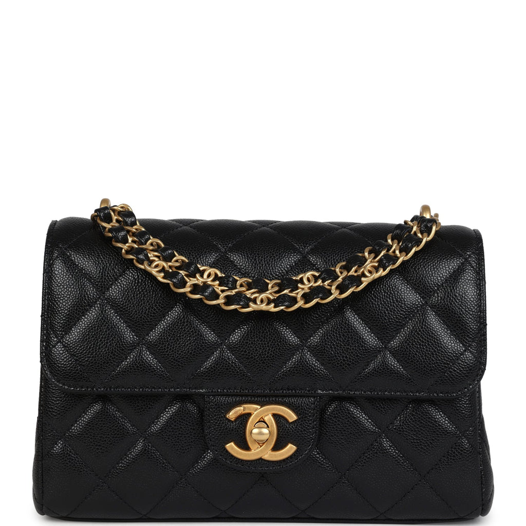 Chanel Small Top Handle Flap Bag Black Shiny Grained Calfskin Brushed Gold Hardware