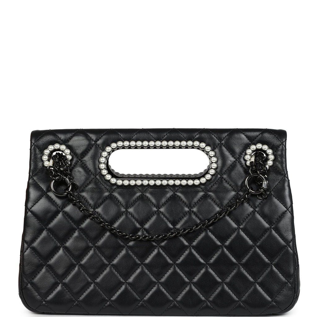 Chanel Large Double Flap Bag with Pearl Cut Out Handle Black Shiny Lambskin Black Hardware - Image 5
