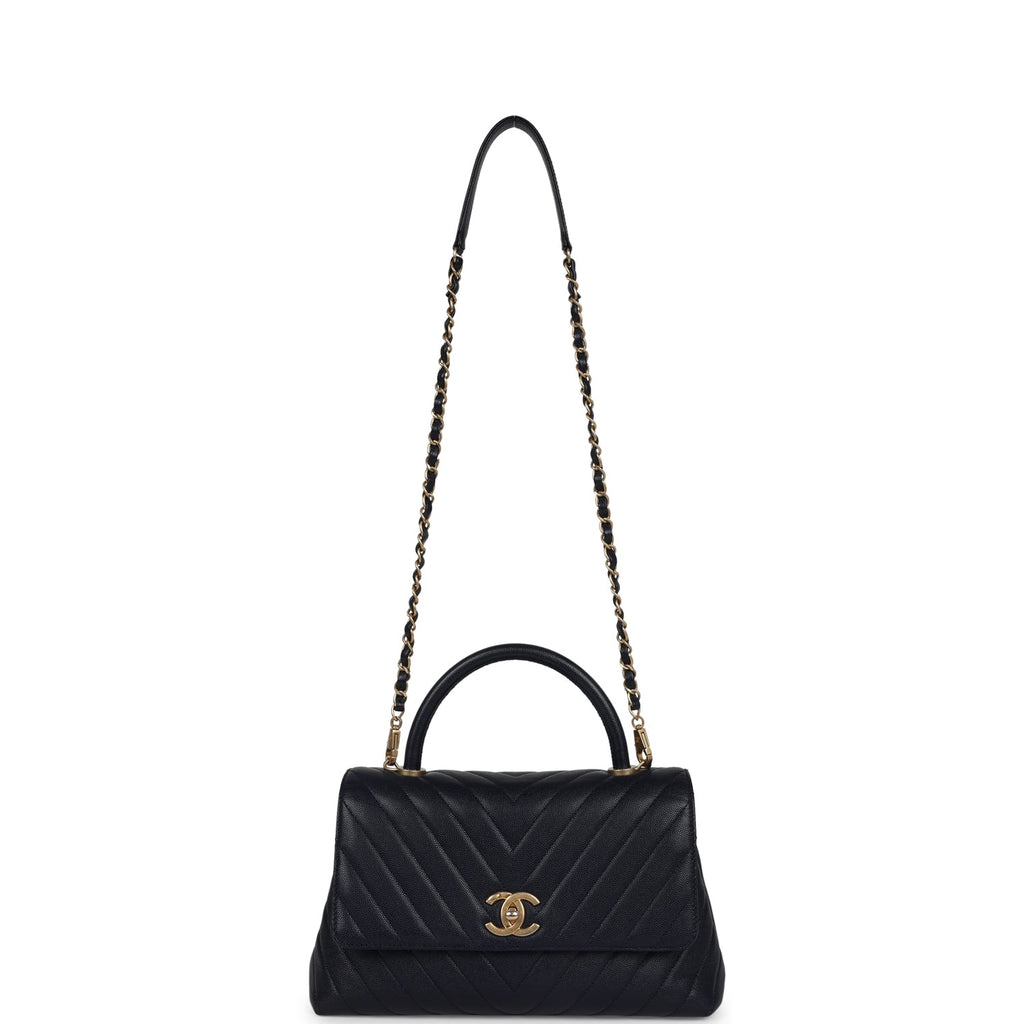 Pre-owned Chanel Medium Coco Top Handle Navy Blue Chevron Caviar Antique Gold Hardware - Image 8