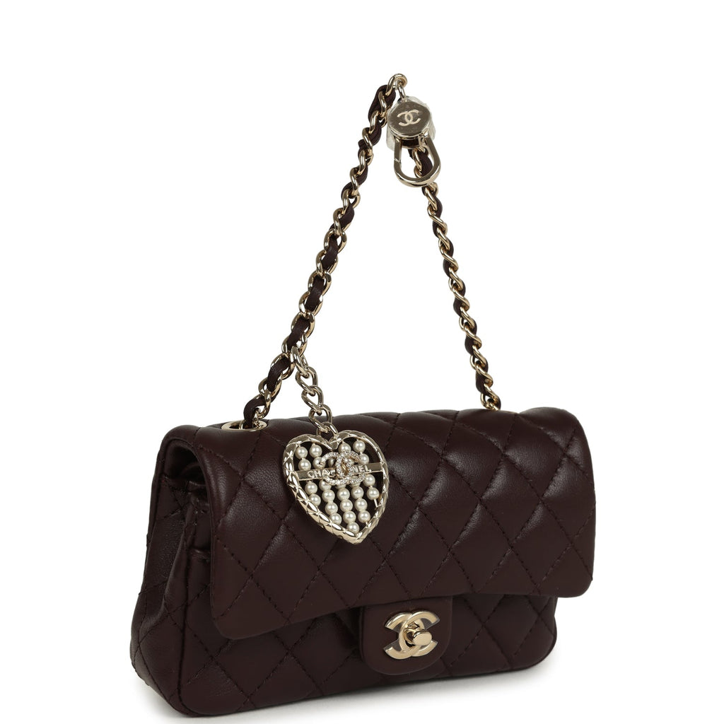 Chanel Nano Classic Double Flap Bag Charm Dark Brown Lambskin Light Gold Hardware - Image 3
