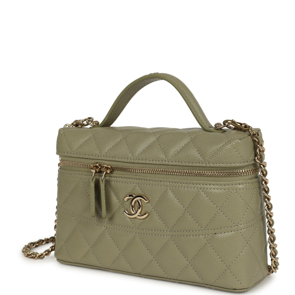 Chanel Trendy Top Handle Long Vanity Case with Chain Khaki Caviar Light Gold Hardware - Image 6