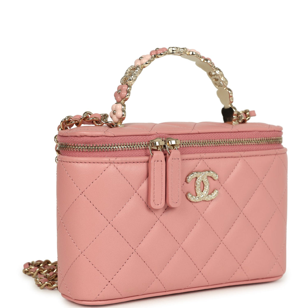 Chanel Flower Top Handle Long Vanity Case with Chain Pink Lambskin Light Gold Hardware - Image 3