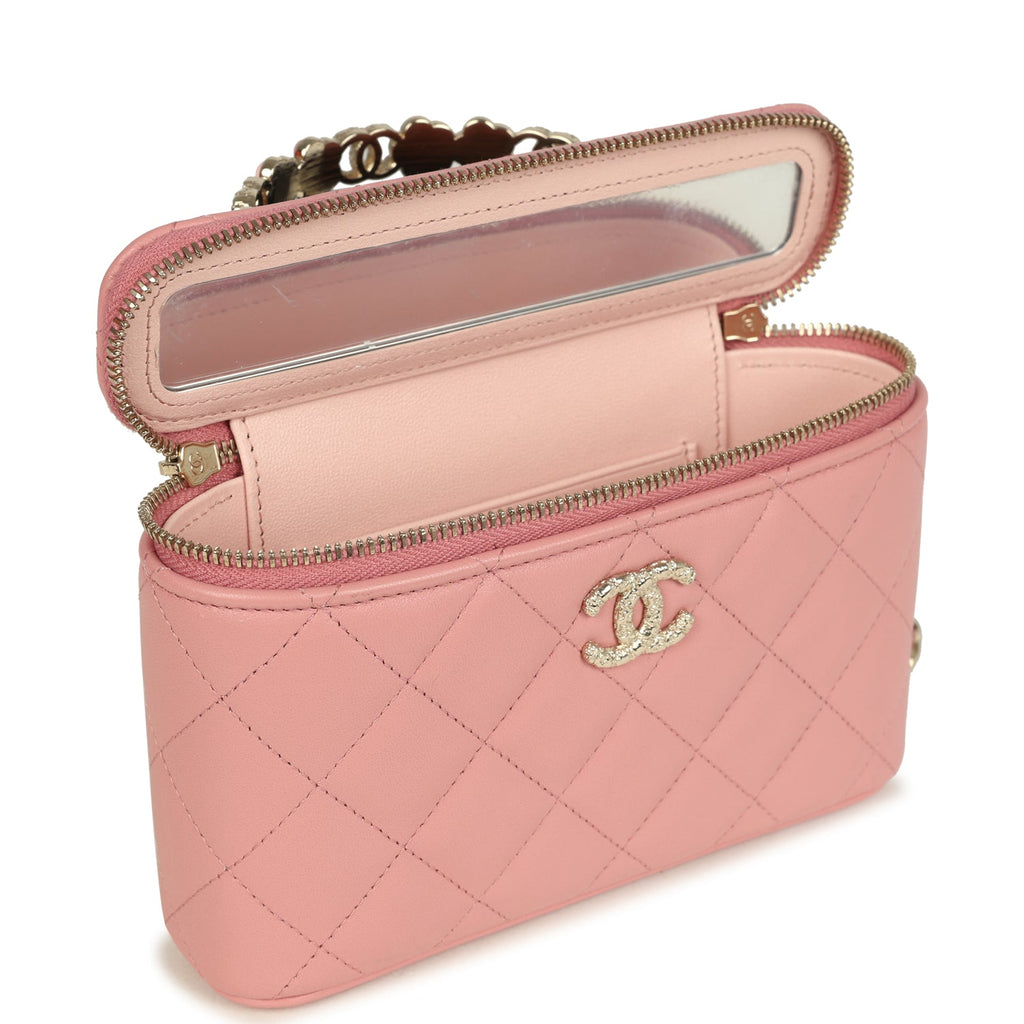 Chanel Flower Top Handle Long Vanity Case with Chain Pink Lambskin Light Gold Hardware - Image 10