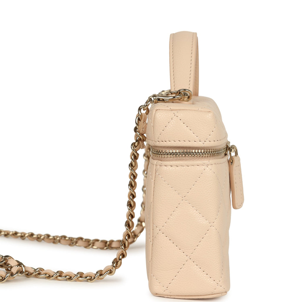Chanel Top Handle Long Vanity Case with Chain Light Beige Shiny Caviar Light Gold Hardware - Image 4
