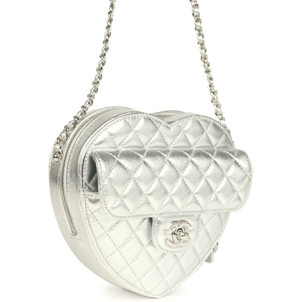 Chanel CC In Love Large Heart Bag with Chain Silver Metallic Lambskin Silver Hardware - Image 3