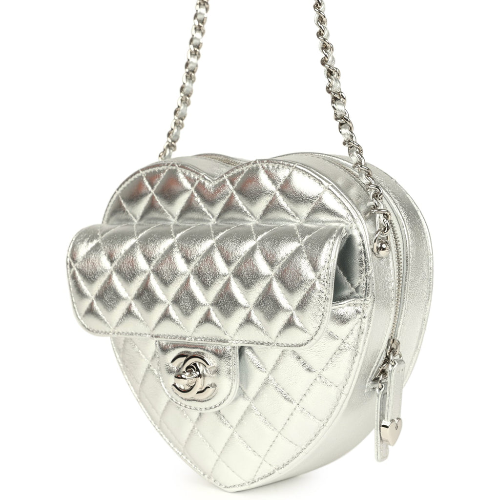 Chanel CC In Love Large Heart Bag with Chain Silver Metallic Lambskin Silver Hardware - Image 6