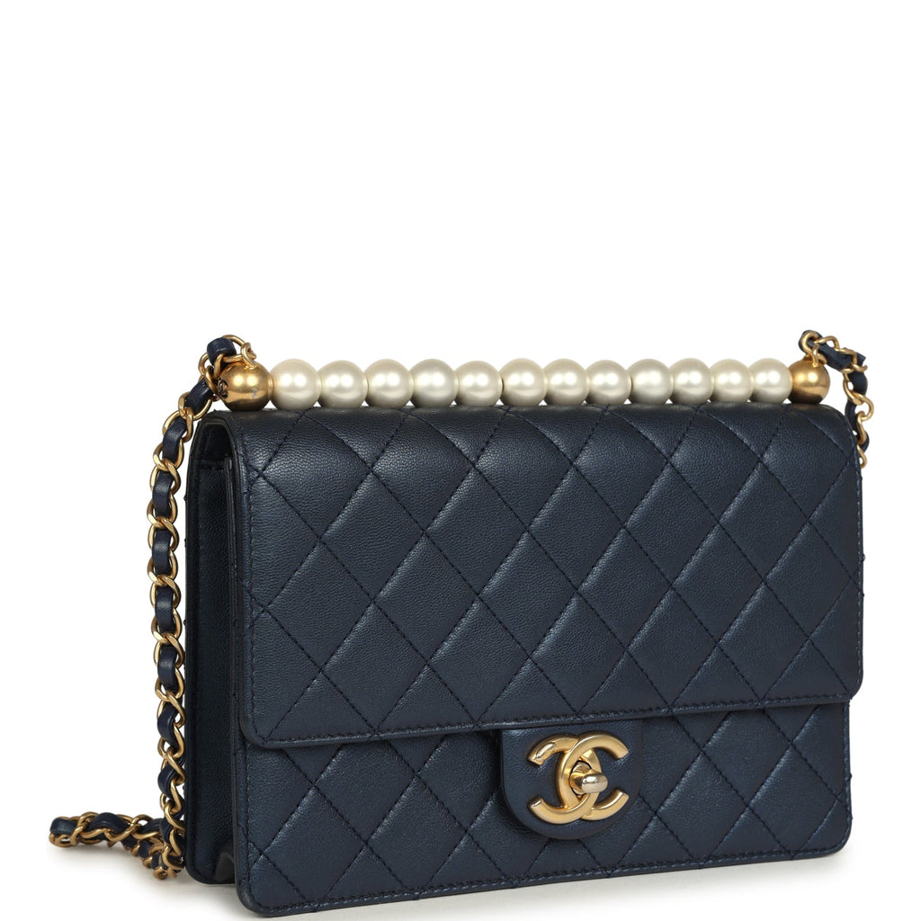 Pre-owned Chanel Small Chic Pearls Flap Bag Navy Calfskin Antique Gold Hardware - Image 3