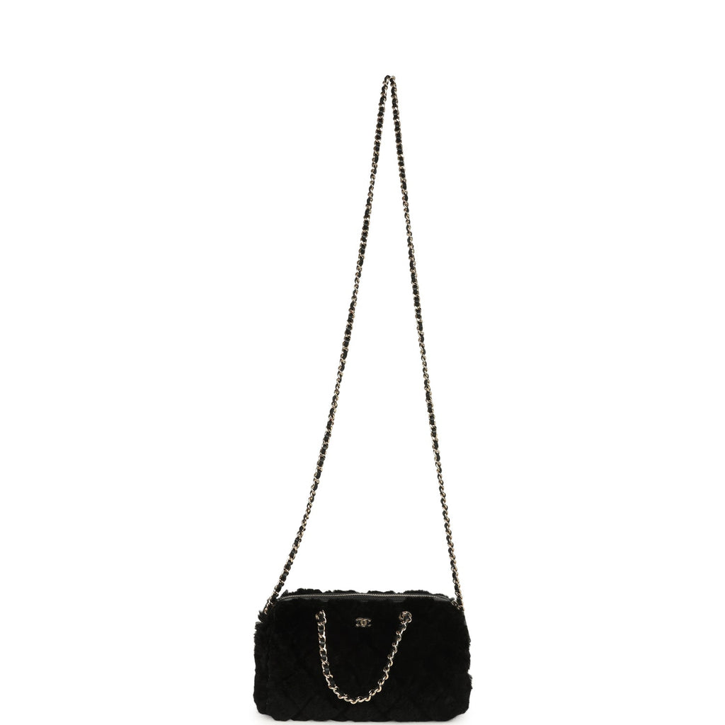 Chanel Mini Timeless Classic Barrel Bag with Chain Black Shearling Light Gold Hardware - Image 8