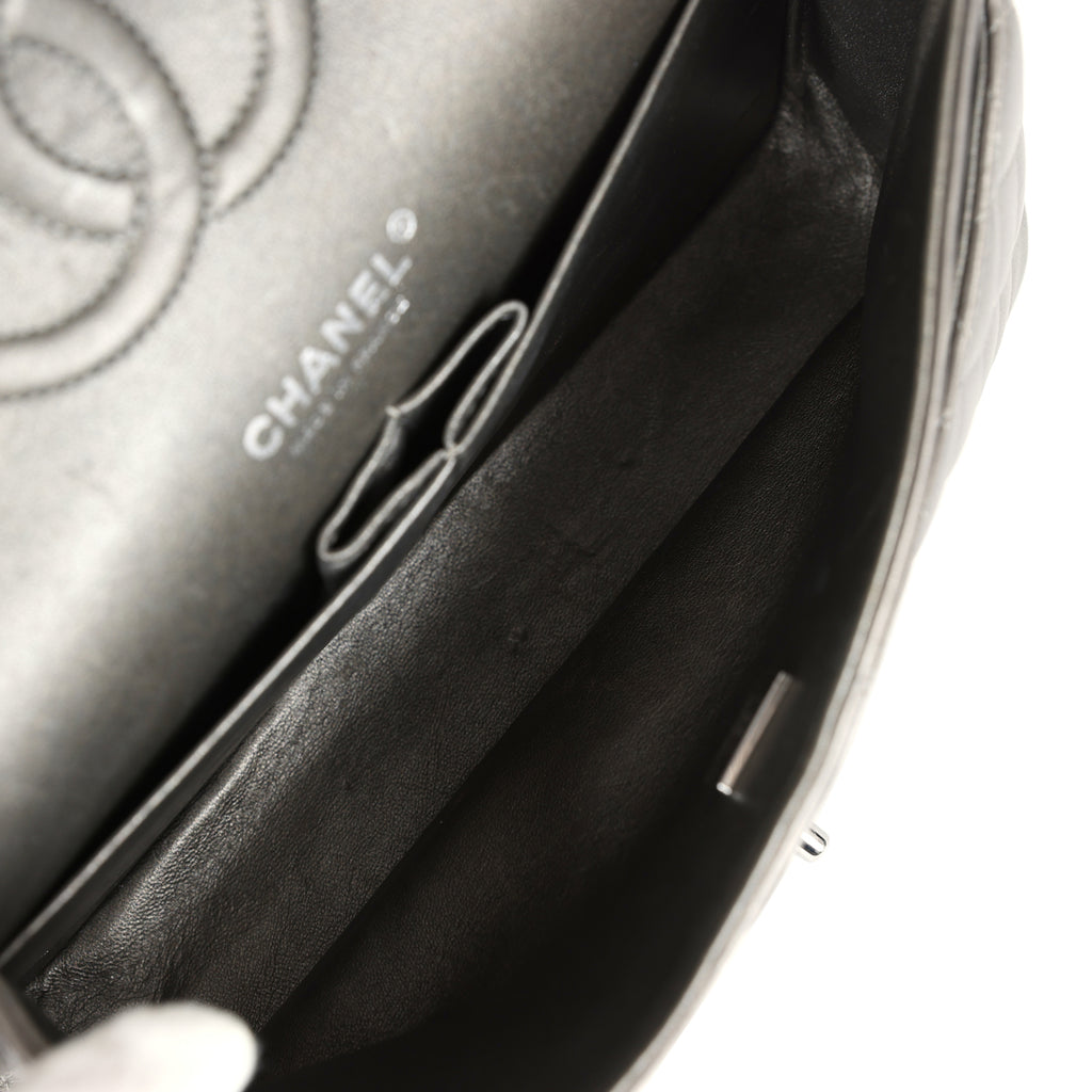 Pre-owned Chanel Medium Classic Double Flap Bag Metallic Grey Lambskin Silver Hardware - Image 10