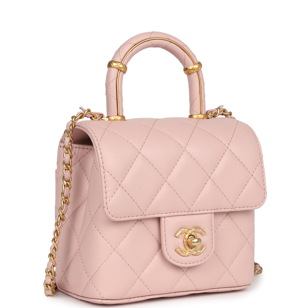 Chanel Mini Square Top Handle Flap Light Pink Lambskin Antique Gold Hardware - Image 3