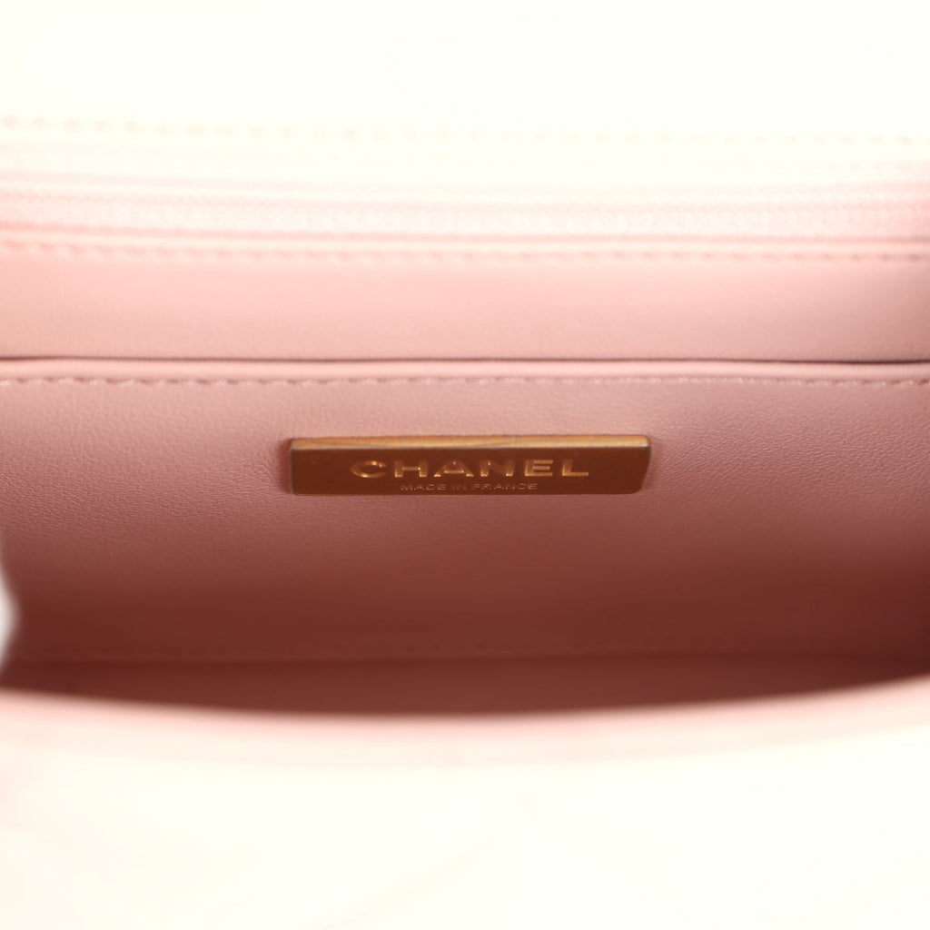 Chanel Mini Square Top Handle Flap Light Pink Lambskin Antique Gold Hardware - Image 10