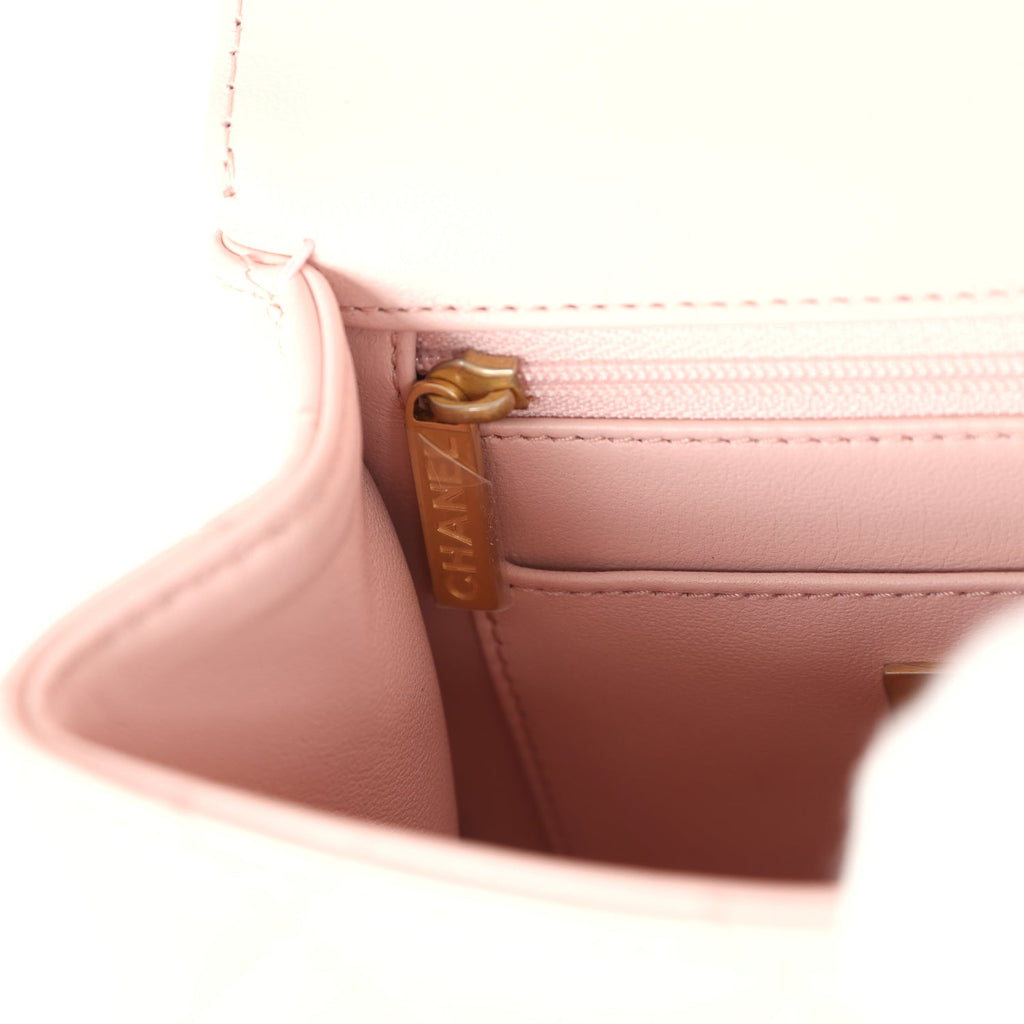 Chanel Mini Square Top Handle Flap Light Pink Lambskin Antique Gold Hardware - Image 11