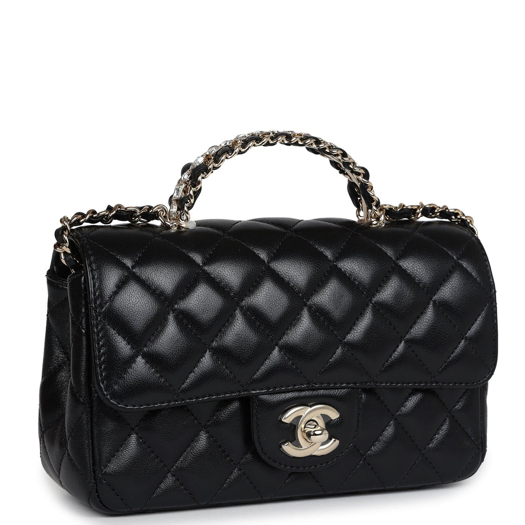 Chanel Mini Rectangular Crystal Top Handle Flap Bag Black Lambskin Light Gold Hardware - Image 3