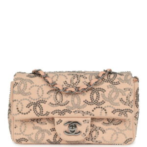 Pre-owned Chanel Mini CC Studded Rectangular Flap Bag Light Pink Canvas Ruthenium Hardware