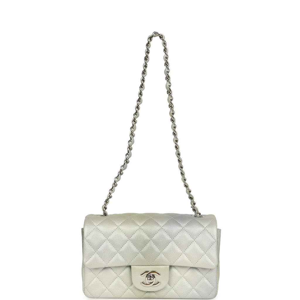 Chanel Mini Classic Rectangular Flap Bag Grey and Green Ombre Iridescent Goatskin Silver Hardware - Image 8