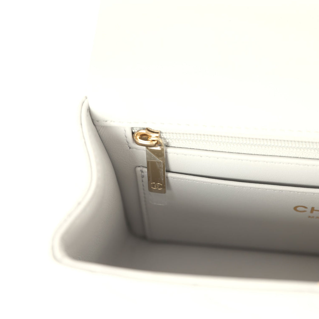 Chanel Mini Rectangular Flap Bag with Top Handle Light Grey Lambskin Light Gold Hardware - Image 11