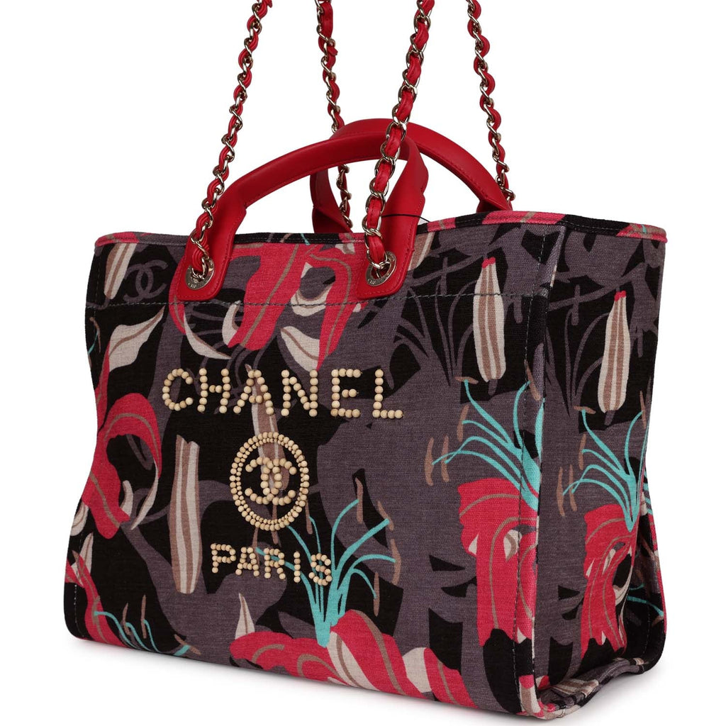 Chanel Medium Deauville Shopping Tote Grey and Pink Tropical Floral Velvet Light Gold Hardware - Image 7