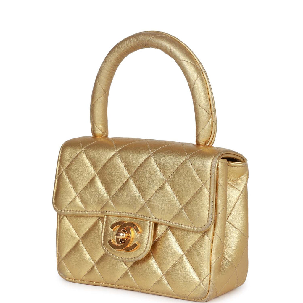 Vintage Chanel Mini Top Handle Kelly Child Flap Bag Gold Metallic Lambskin Gold Hardware - Image 6