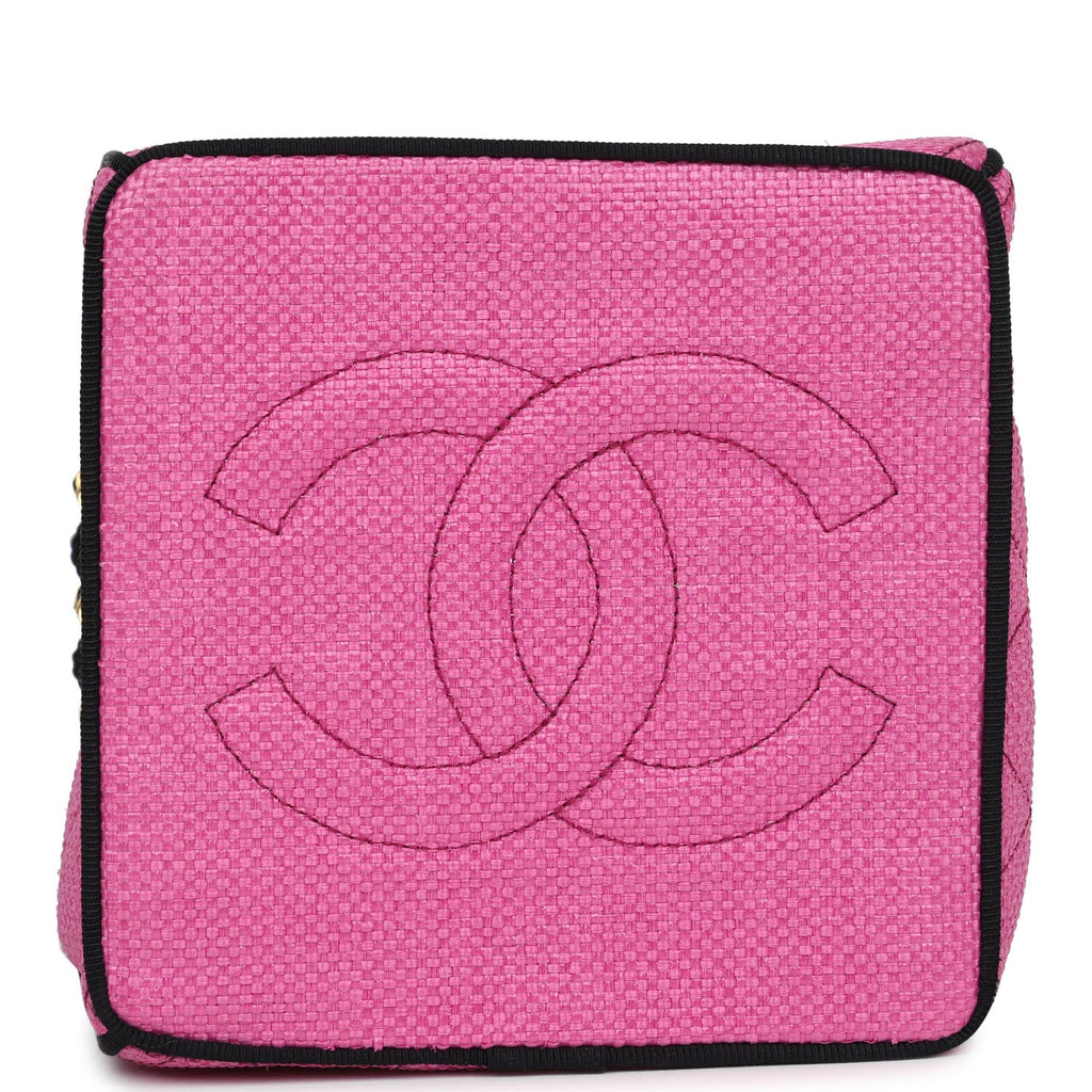 Vintage Chanel Set of Two Mini Bucket Bag & Oval Handbag Pink and Black Raffia Gold Hardware - Image 10