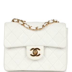 Vintage Chanel Mini Square Flap Bag White Lambskin Gold Hardware