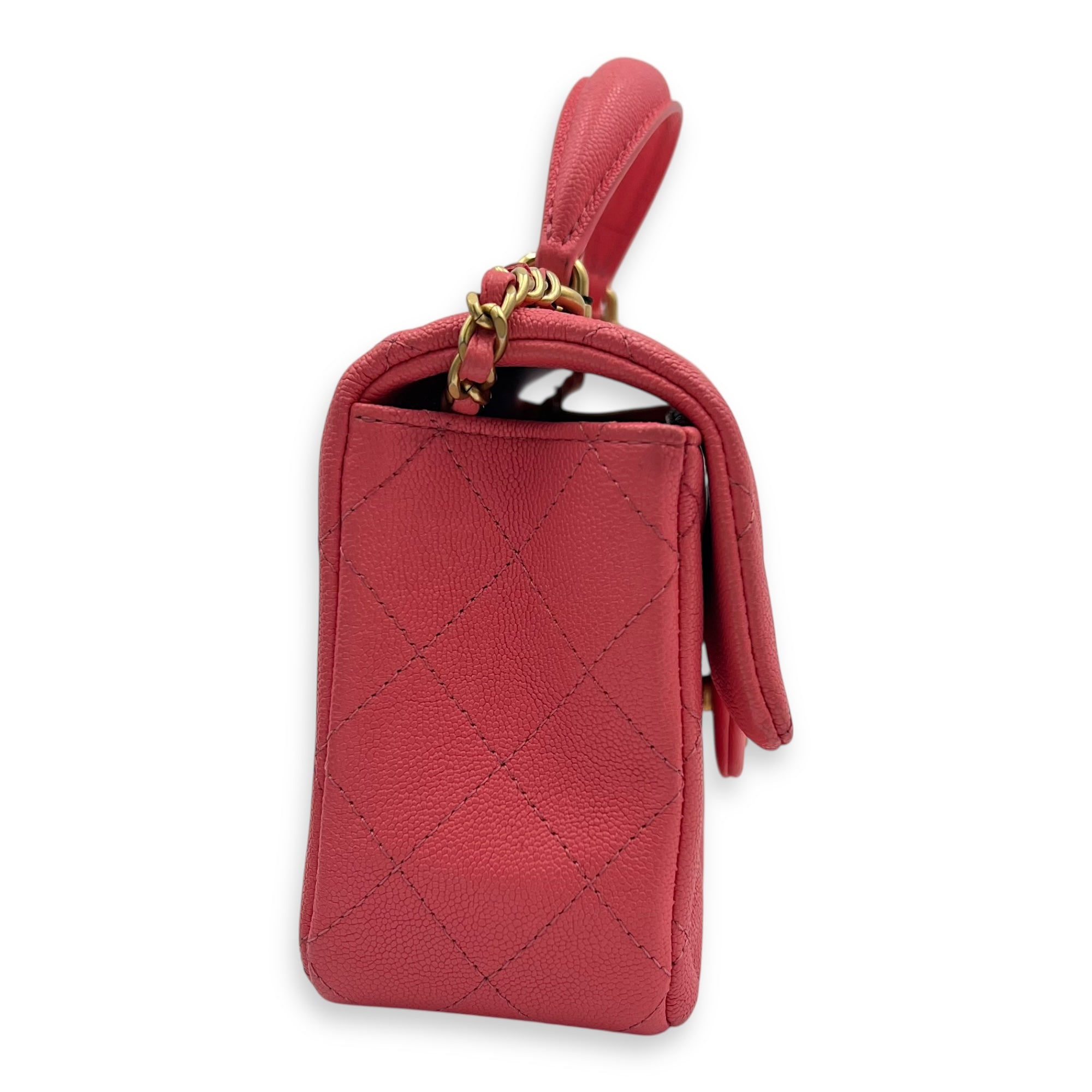 Rectangle Flap Mini Pink Top Handle Bag in Caviar Leather, Brushed Gold hardware - Image 5