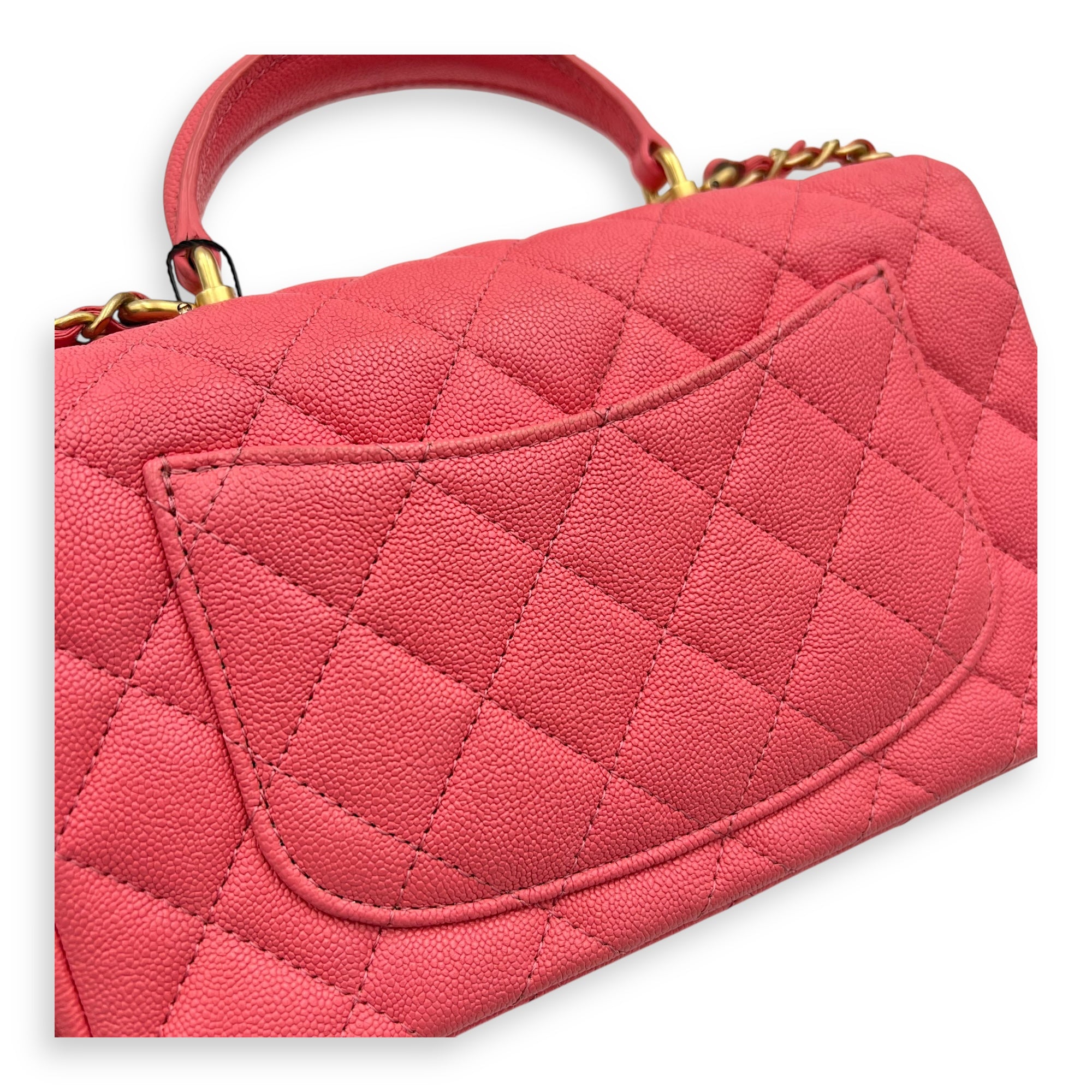 Rectangle Flap Mini Pink Top Handle Bag in Caviar Leather, Brushed Gold hardware - Image 6