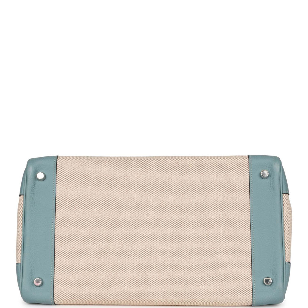 Pre-owned Hermes Birkin 35 Ciel Clemence and Ecru-Beige Toile H Palladium Hardware - Image 7