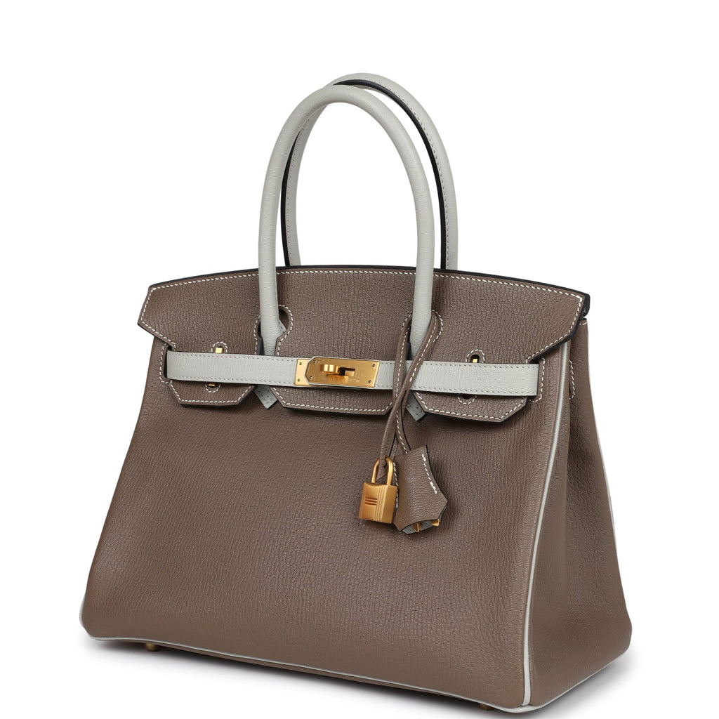Pre-owned Hermes Special Order (HSS) Birkin 30 Etoupe and Gris Perle Chevre Brushed Gold Hardware - Image 6