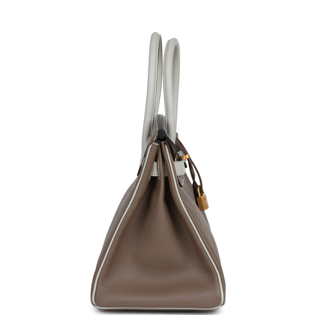 Pre-owned Hermes Special Order (HSS) Birkin 30 Etoupe and Gris Perle Chevre Brushed Gold Hardware - Image 4