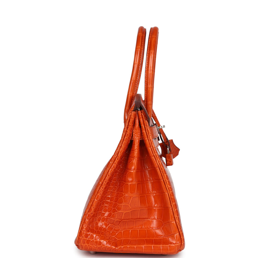 Pre-owned Hermes Birkin 30 Orange Shiny Porosus Crocodile Palladium Hardware - Image 4