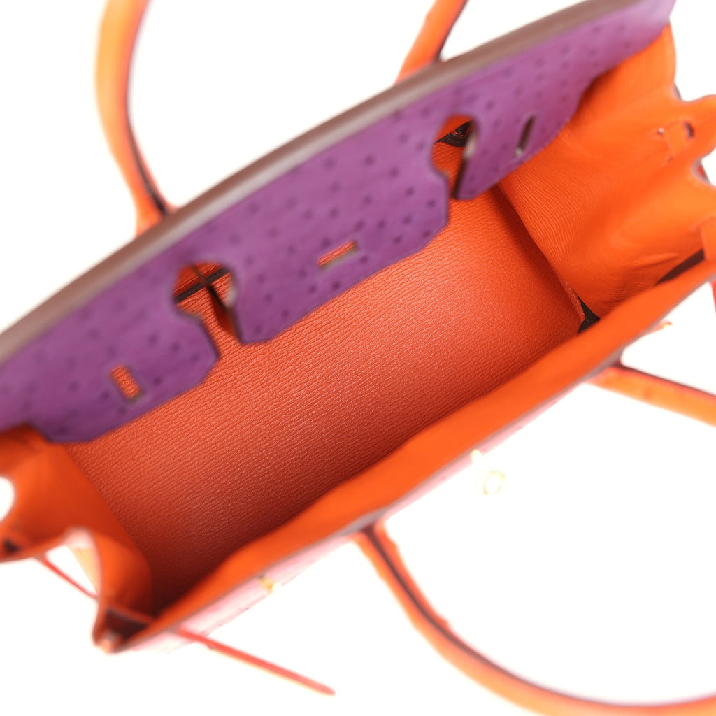 Pre-owned Hermes Special Order (HSS) Birkin 30 Tangerine, Violet and Bougainvillea Ostrich Gold Hardware - Image 9