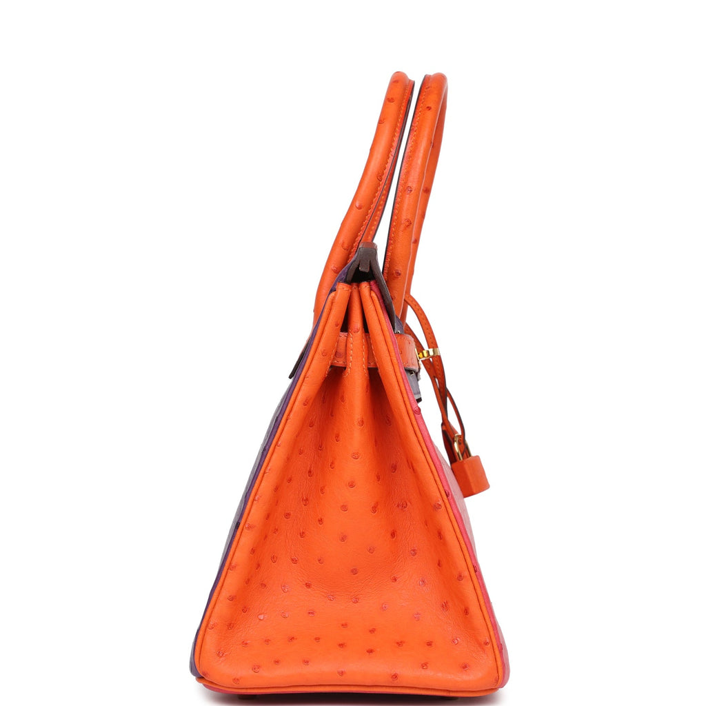 Pre-owned Hermes Special Order (HSS) Birkin 30 Tangerine, Violet and Bougainvillea Ostrich Gold Hardware - Image 4