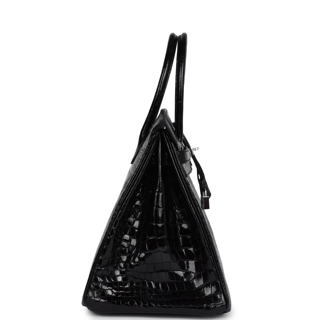 Pre-owned Hermes Birkin 35 Black Shiny Porosus Crocodile 18K White Gold Diamond Hardware - Image 4