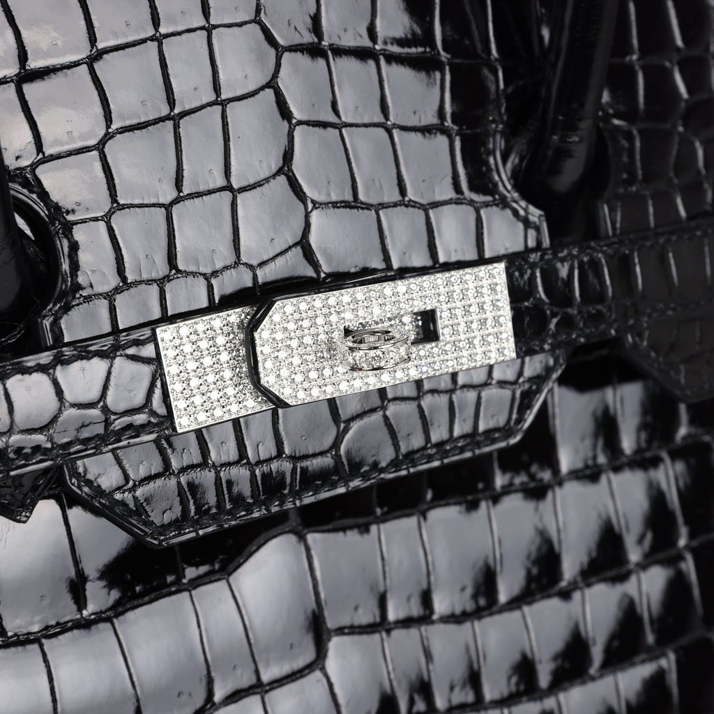 Pre-owned Hermes Birkin 35 Black Shiny Porosus Crocodile 18K White Gold Diamond Hardware - Image 8
